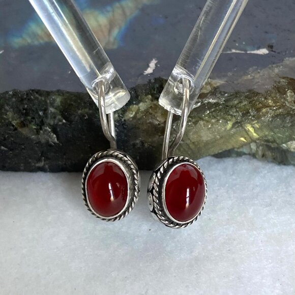 Sterling Silver 925 Oval Bezel Set Garnet Cabochon Dangle Drop Earrings - Picture 7 of 16
